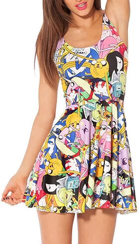 QZUnique Women's Cartoon Printed Stretchy Sleeveless Pleated Fit and Flare Skater Dress in Kuwait