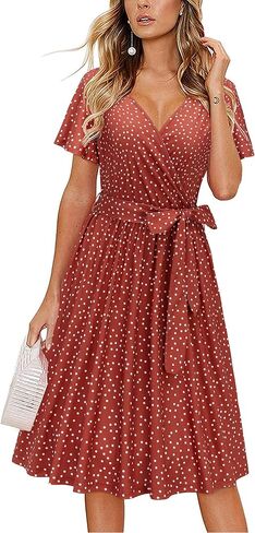 فستان نسائي من LAISHEN برقبة على شكل V وأكمام قصيرة مزين بالزهور فساتين صيفية غير رسمية بحزام مع جيوب 2023 in Kuwait