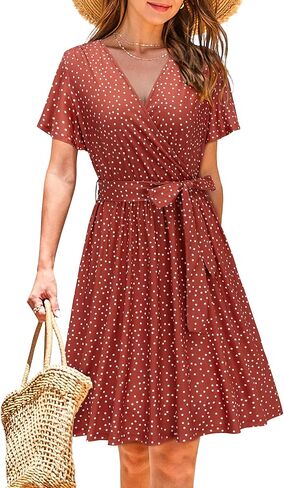 فستان نسائي من LAISHEN برقبة على شكل V وأكمام قصيرة مزين بالزهور فساتين صيفية غير رسمية بحزام مع جيوب 2023 in Kuwait