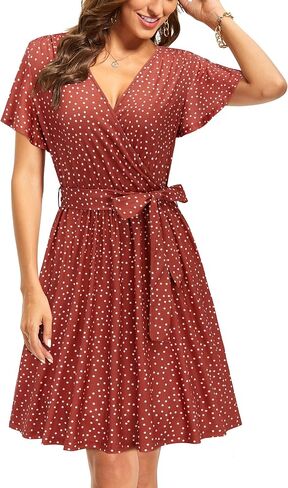 فستان نسائي من LAISHEN برقبة على شكل V وأكمام قصيرة مزين بالزهور فساتين صيفية غير رسمية بحزام مع جيوب 2023 in Kuwait