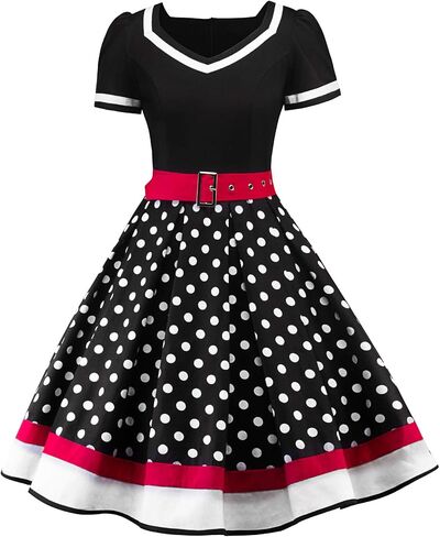 فستان Sofkiny النسائي المنقط بنمط الخمسينيات وأكمام قصيرة Rockabilly Vintage مع حزام in Saudi Arabia