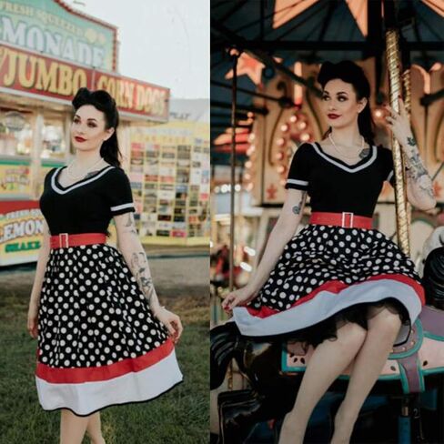 فستان Sofkiny النسائي المنقط بنمط الخمسينيات وأكمام قصيرة Rockabilly Vintage مع حزام in Saudi Arabia