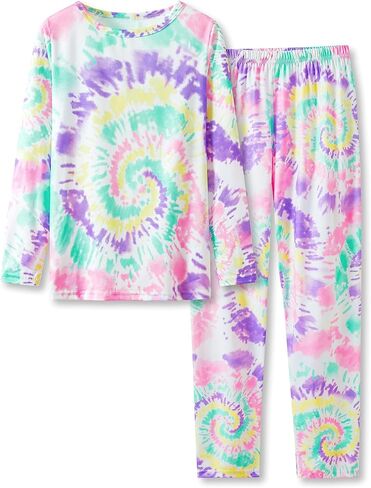 بيجامة عصرية بصبغة لولبية للفتيات مكونة من قطعتين ناعمة بأكمام طويلة وسراويل PJ Set Jammies مقاس 6-18 in Kuwait