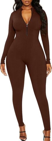 Mizoci Women's Sexy Bodycon Long Sleeve One Piece Jumpsuit V Neck Zip Up Ribbed Full Romper in Kuwait