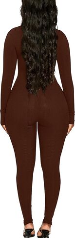 Mizoci Women's Sexy Bodycon Long Sleeve One Piece Jumpsuit V Neck Zip Up Ribbed Full Romper in Kuwait