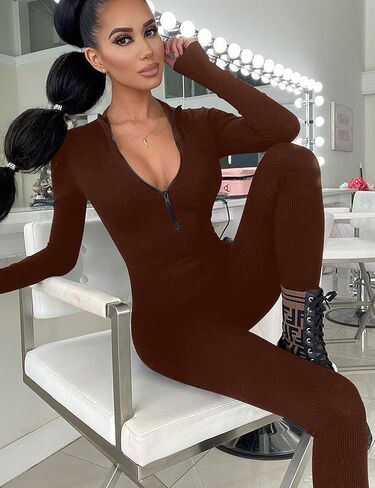 Mizoci Women's Sexy Bodycon Long Sleeve One Piece Jumpsuit V Neck Zip Up Ribbed Full Romper in Kuwait