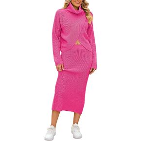 HUUSA Women's 2 Piece Sweater Outfits Turtleneck Long Sleeve Crisscross Pullover Top High Waist Bodycon Knit Long Skirt Sets