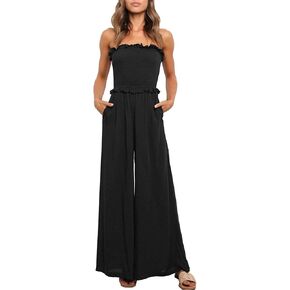Happy Sailed Womens Summer Rompers One Piece Strapless Wide Leg Pants Smocked Jumpsuits Rompers with Pockets in Saudi Arabia