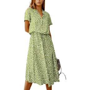BROVAVE Women's Summer Polka Dot Print Shirt Dress Vintage Short Sleeve Button Down Midi Dress in Kuwait