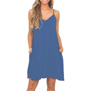 Women's Summer Spaghetti Strap Casual Swing Tank Beach Cover Up Dress with Pockets in Saudi Arabia