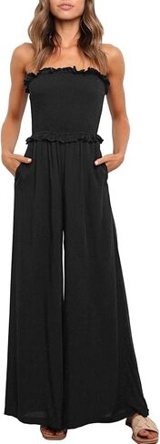 Happy Sailed Womens Summer Rompers One Piece Strapless Wide Leg Pants Smocked Jumpsuits Rompers with Pockets in Saudi Arabia