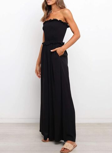 Happy Sailed Womens Summer Rompers One Piece Strapless Wide Leg Pants Smocked Jumpsuits Rompers with Pockets in Saudi Arabia