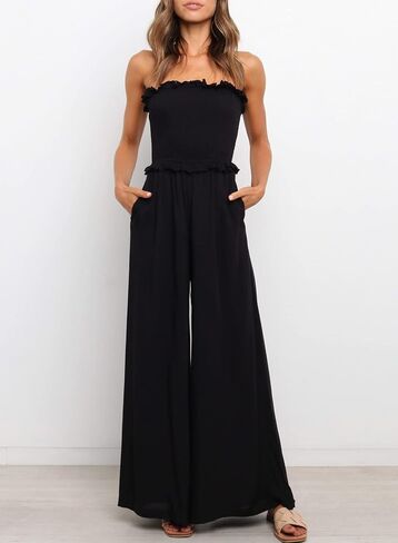 Happy Sailed Womens Summer Rompers One Piece Strapless Wide Leg Pants Smocked Jumpsuits Rompers with Pockets in Saudi Arabia