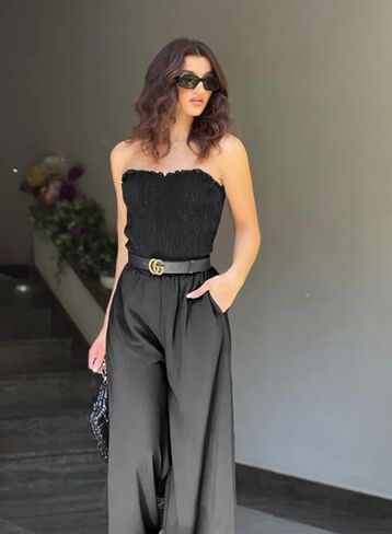 Happy Sailed Womens Summer Rompers One Piece Strapless Wide Leg Pants Smocked Jumpsuits Rompers with Pockets in Saudi Arabia