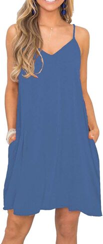 Women's Summer Spaghetti Strap Casual Swing Tank Beach Cover Up Dress with Pockets in Kuwait