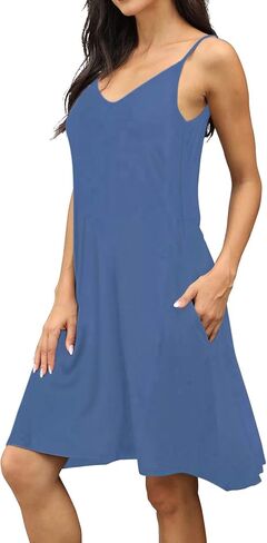 Women's Summer Spaghetti Strap Casual Swing Tank Beach Cover Up Dress with Pockets in Kuwait
