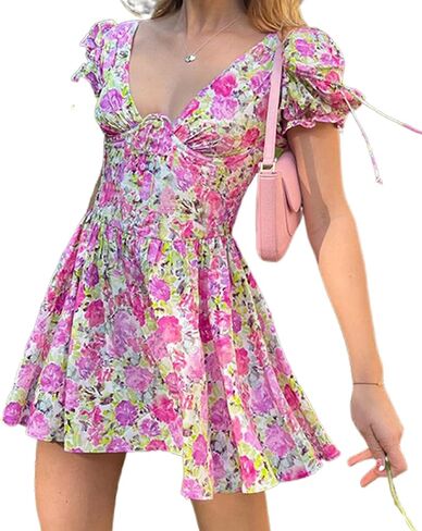 ROAONOCOMO Women Y2K Floral Print Short Dresses Spaghetti Strap A-Line Dresses Retro Backless Sundress Sexy Party Dresses in Saudi Arabia