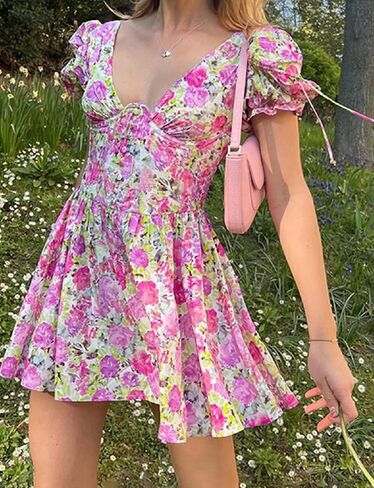 ROAONOCOMO Women Y2K Floral Print Short Dresses Spaghetti Strap A-Line Dresses Retro Backless Sundress Sexy Party Dresses in Saudi Arabia