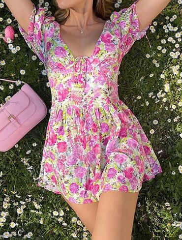 ROAONOCOMO Women Y2K Floral Print Short Dresses Spaghetti Strap A-Line Dresses Retro Backless Sundress Sexy Party Dresses in Saudi Arabia