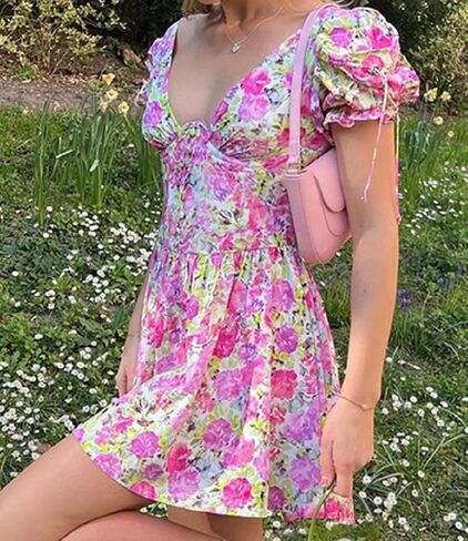 ROAONOCOMO Women Y2K Floral Print Short Dresses Spaghetti Strap A-Line Dresses Retro Backless Sundress Sexy Party Dresses in Saudi Arabia