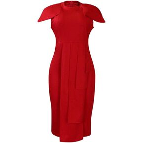 Women's Elegant Pleated Bodycon Dress Crewneck Short Cap Sleeve Formal Work Midi Pencil Dress