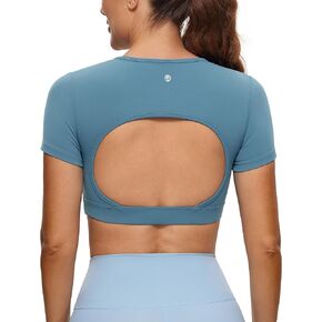 CRZ YOGA Womens Butterluxe Open Back Crop Tops Double Lined Backless Short Sleeve Workout Top Casual Going Out Tight T-Shirts