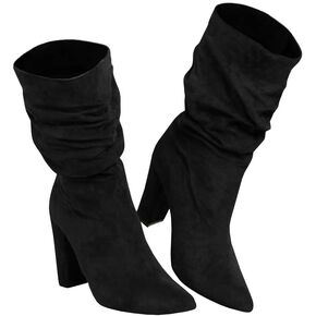 Syktkmx Womens Winter Slouchy High Heel Boots Mid Calf Suede Slip on Chunky Block Pointed Toe Boots in Kuwait