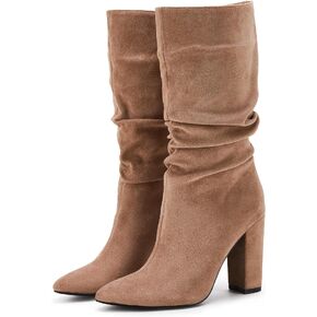 Syktkmx Womens Winter Slouchy High Heel Boots Mid Calf Suede Slip on Chunky Block Pointed Toe Boots in Kuwait