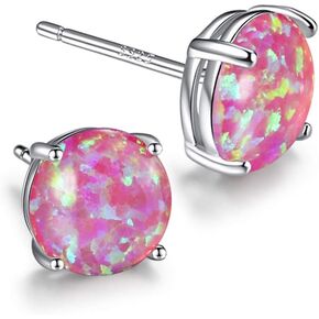 Angol Sterling Silver Opal Stud Earrings, S925 Round Opal Stud Earrings for Women Girls, 7.5MM Hypoallergenic Larimar Gem Earrings with Gift Box