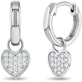 925 Sterling Silver Cubic Zirconia Heart Charm Hoop Earrings for Young Girls & Pre-Teens 11mm - CZ Jewelry for Formal and Everyday Wear - Heart Themed Jewelry for Girls