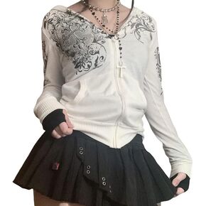 Argeousgor Women Graphic Zip Up Crop Hoodie Vintage Skull Skeleton Crop Sweatshirt Aesthetic Long Sleeve Jacket