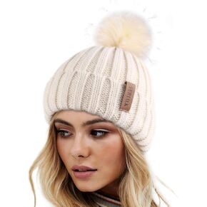 FURTALK Women's Winter Knitted Beanie Faux Fur Pom Warm Skull Cap, Beige, One Size in Kuwait