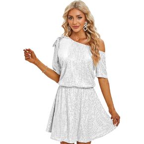 SHINEVAN Women's sequin one-shoulder Short Sleeve Sparkly bow hemline A-line mini dress suitable for holiday party cocktails