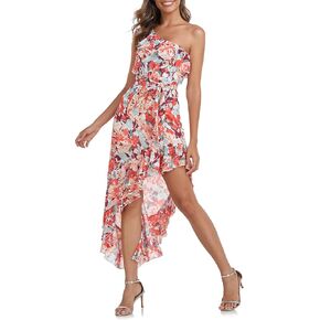 PrettyGuide Women's One Shoulder Maxi Summer Dress Belted Asymmetrical Ruffle Flowy Wedding Guest Dress