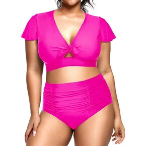 Yonique Womens Two Piece Plus Size Bikini Set High Waisted Swimsuits Tummy Control Bathing Suits Short Sleeve Swimwear