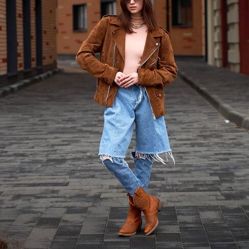 أحذية Rollda النسائية لرعاة البقر على الموضة الغربية حتى الكاحل أحذية راعية البقر مع عروات سحب لأعلى ومقدمة قصيرة in Kuwait