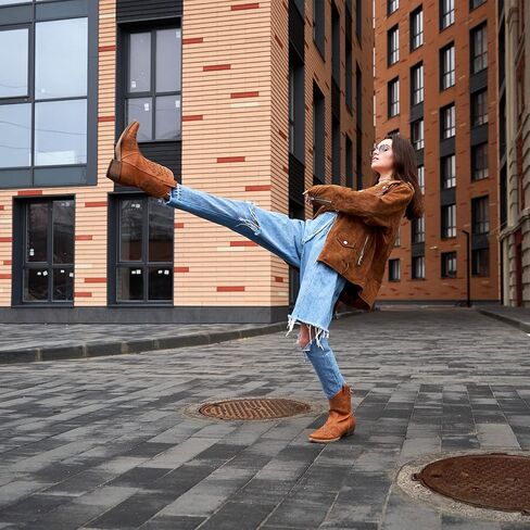 أحذية Rollda النسائية لرعاة البقر على الموضة الغربية حتى الكاحل أحذية راعية البقر مع عروات سحب لأعلى ومقدمة قصيرة in Kuwait