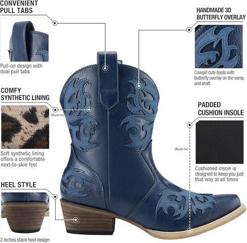 أحذية Rollda النسائية لرعاة البقر على الموضة الغربية حتى الكاحل أحذية راعية البقر مع عروات سحب لأعلى ومقدمة قصيرة in Kuwait