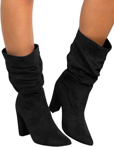 Syktkmx Womens Winter Slouchy High Heel Boots Mid Calf Suede Slip on Chunky Block Pointed Toe Boots in Kuwait