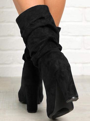 Syktkmx Womens Winter Slouchy High Heel Boots Mid Calf Suede Slip on Chunky Block Pointed Toe Boots in Kuwait