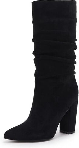 Syktkmx Womens Winter Slouchy High Heel Boots Mid Calf Suede Slip on Chunky Block Pointed Toe Boots in Kuwait