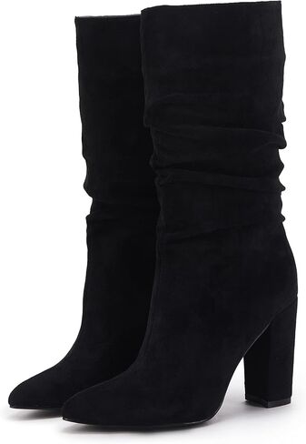 Syktkmx Womens Winter Slouchy High Heel Boots Mid Calf Suede Slip on Chunky Block Pointed Toe Boots in Kuwait