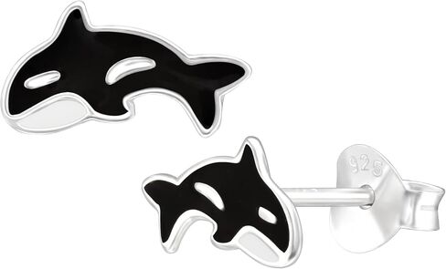 10 مللي متر صغيرتي أبيض وأسود الحوت القاتل Orca ترصيع الصلبة 925 فضة دفع الظهر أقراط in Kuwait