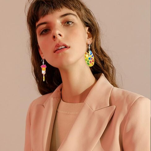 TIANBANGSHI فريدة من نوعها خفيفة الوزن من الخشب الفنان الطلاء فرشاة إسقاط الأقراط الملونة لوحة الطلاء سحر تتدلى الأقراط للنساء الفتيات الرسام الفن المعلم مجوهرات الهدايا in Kuwait