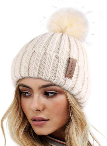 FURTALK Women's Winter Knitted Beanie Faux Fur Pom Warm Skull Cap, Beige, One Size in Kuwait