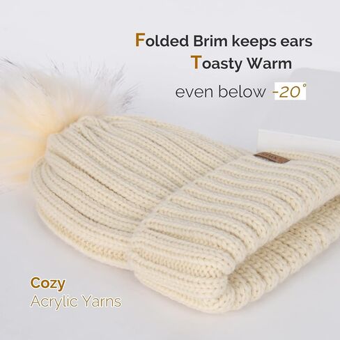 FURTALK Women's Winter Knitted Beanie Faux Fur Pom Warm Skull Cap, Beige, One Size in Kuwait