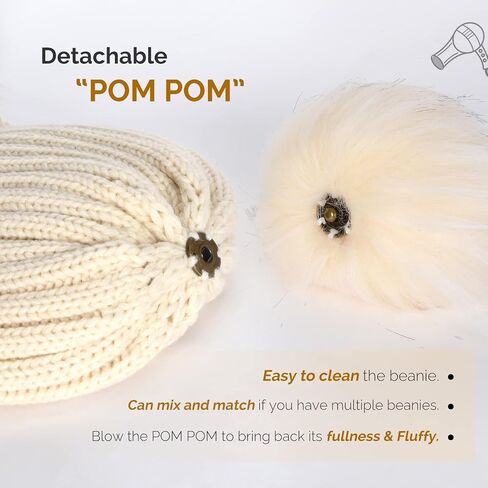 FURTALK Women's Winter Knitted Beanie Faux Fur Pom Warm Skull Cap, Beige, One Size in Kuwait