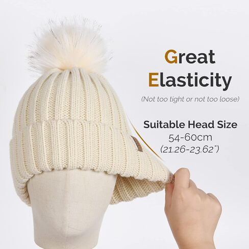 FURTALK Women's Winter Knitted Beanie Faux Fur Pom Warm Skull Cap, Beige, One Size in Kuwait