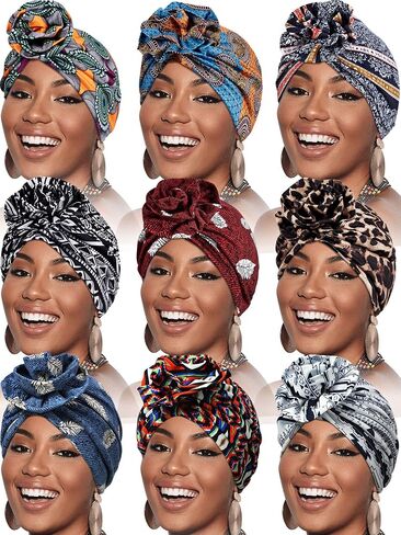 Syhood 9 Pieces African Turban Cap Flower Pattern Headwrap Elastic Knot Pre-Tied Bonnet Beanie Hat for Women Colorful in Saudi Arabia