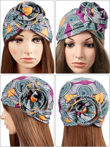 Syhood 9 Pieces African Turban Cap Flower Pattern Headwrap Elastic Knot Pre-Tied Bonnet Beanie Hat for Women Colorful in Saudi Arabia